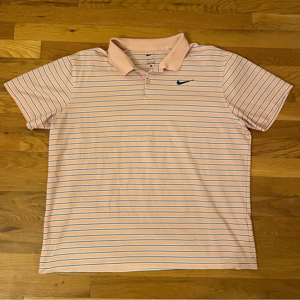 Nike Men's Salmon Pink Striped Polo Shirt
